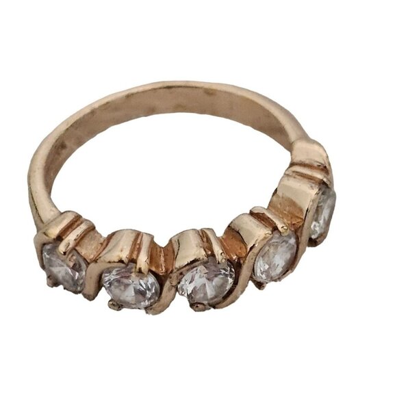 Gold Tone Cubic Zirconia Ring With Wave Design & Five Round Stones - Picture 1 of 5